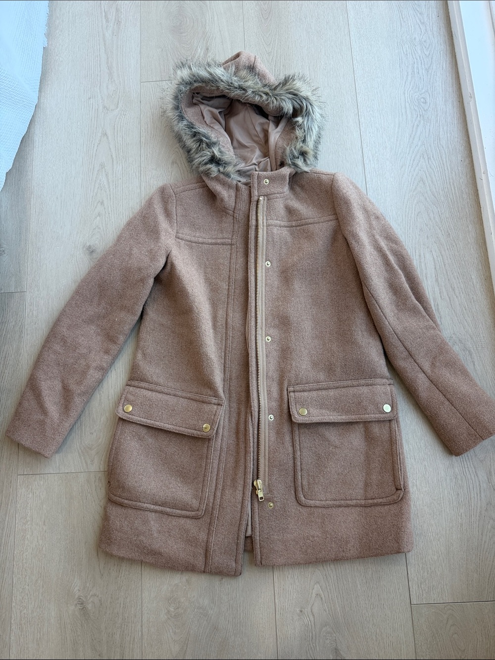 J. Crew Factory Taupe Hooded Wool-Blend Coat with Faux-Fur Trim